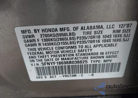 2008 Honda Pilot Ex-L from USA, damaged, VIN 5FNYF18698B038825